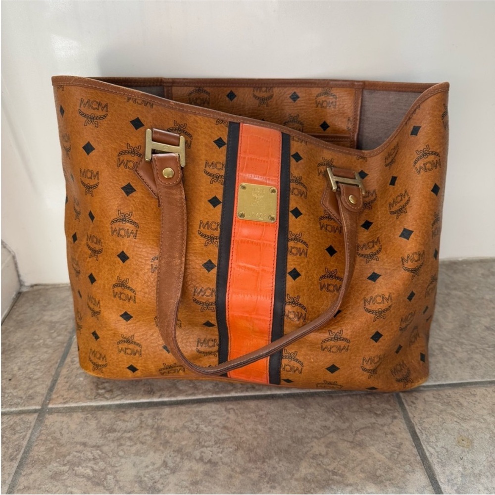 MCM Cognac Tote with Bold Orange Stripe
